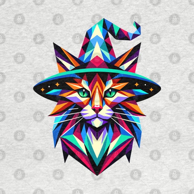 Geometric Witch Cat: Vibrant Polygon Art by AmandaOlsenDesigns